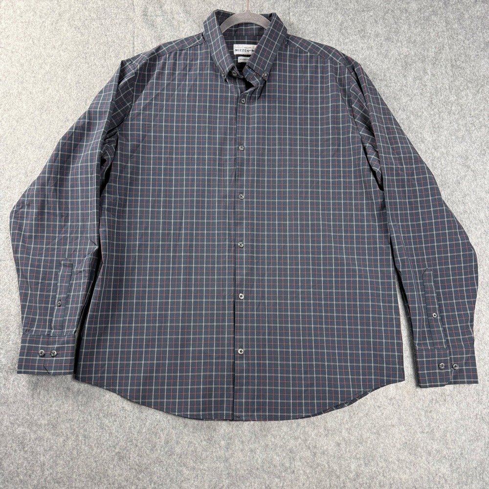 Mizzen + Main Mens Shirt XL Red Navy Windowpane Performance  Leeward Slim Fit